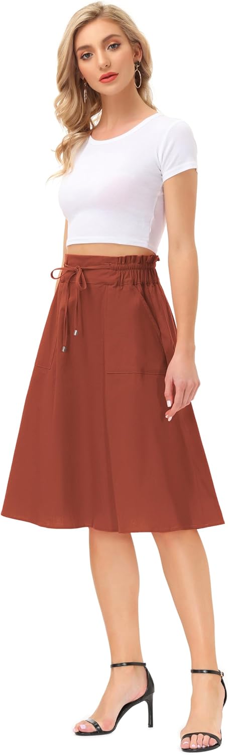 KANCY KOLE Women Casual Cotton Linen Skirts Frill Tie Waist A-Line Midi Skirt with Pockets S-XXL