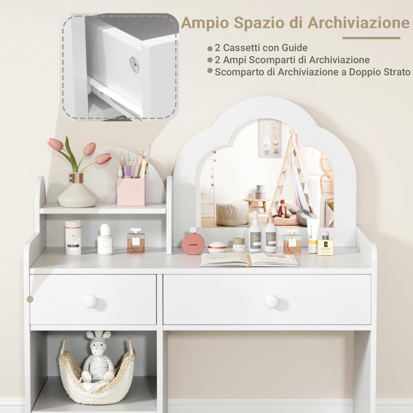 Clevich 2 in 1 Toeletta Trucco Bambina, Toeletta per Bambini con Specchio, 2 Cassetti, Armadietti, Scrivania in Legno con Sgabello, per Bambine dai 3-8 Anni (Bianco)