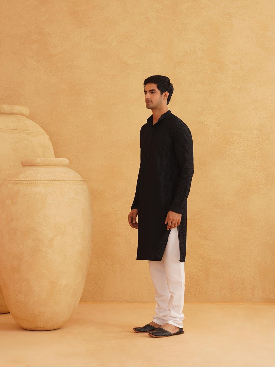 Sojanya (Since 1958 Men'S Cotton Embroidered Thread Work Kurta With White Churidar Pyjama - Image 3