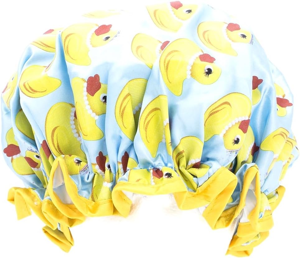 Womens Waterproof Shower Cap with Rubber Ducks, Blue
