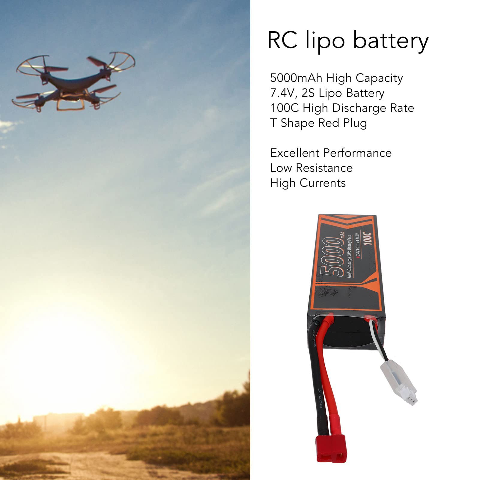 Tbest Batteria Lipo RC, Batteria Lipo Power Rigida da 7,4 V 5000 mAh 2S 100C con Spina Rossa a Forma di T per Modello RC