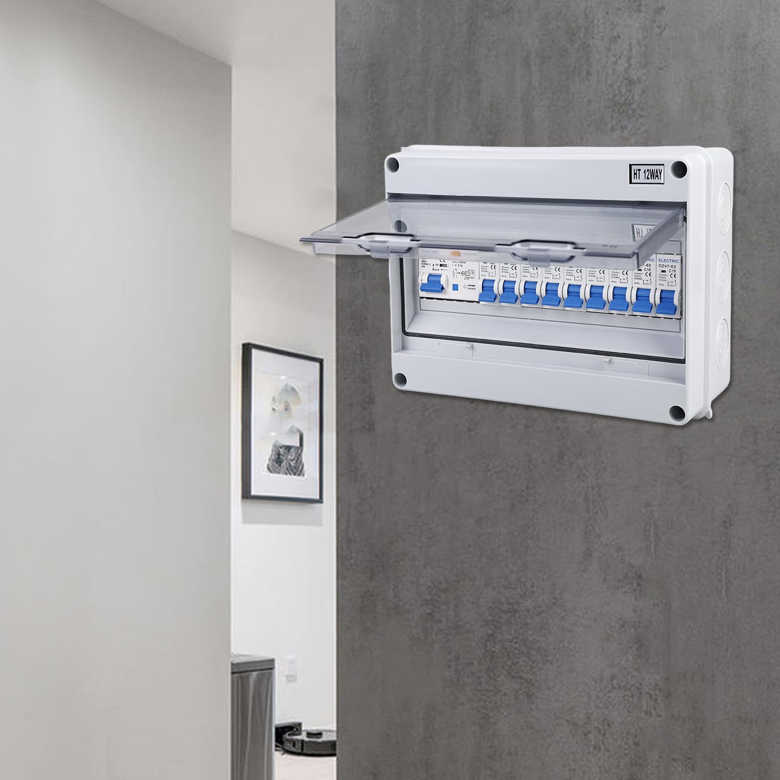 Sicherungskasten Aufputz, Aufputz Verteiler Kleinverteiler, Verteilerkasten mit Fi Schutzschalter, IP65 Wasserdicht Verteilerkasten, Leistungsschalter 125A, AC Trennschalter 7x16A+2x20A