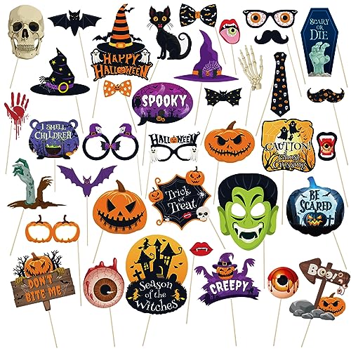 Happy Halloween Photo Booth Props - 38 Pcs Trick or Treat Halloween Photo Props Set, Spooky Funny Creepy Boo Pumpkin Bats Witch Hat Picture Props for Halloween Party Decoraions, Photography and Favors