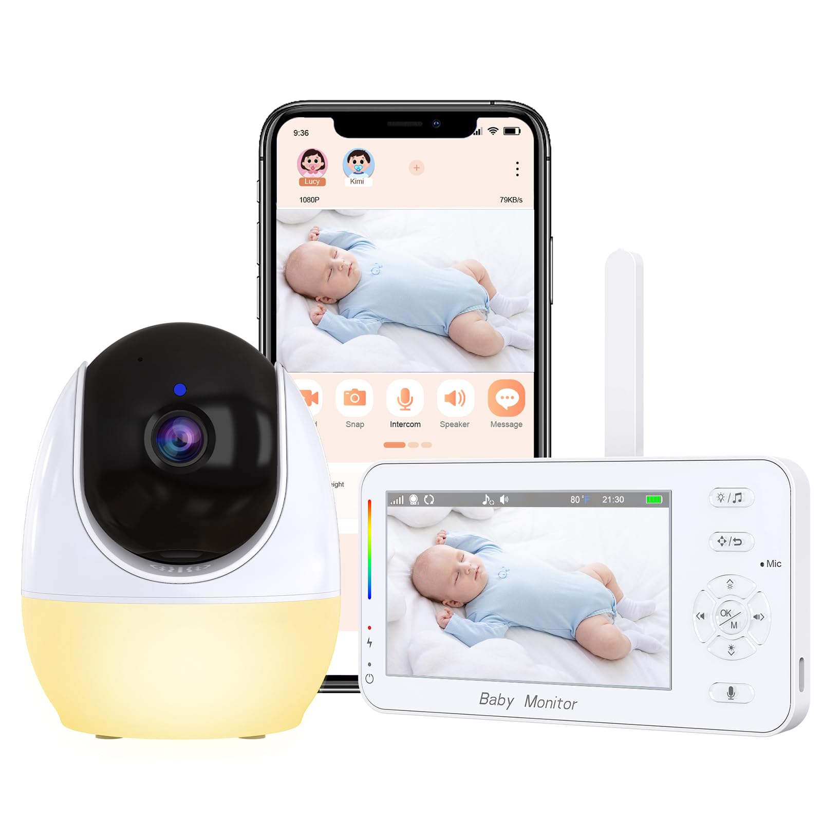 Lnbei Baby6tq Wifi Baby Monitor With Camera And Audio, 4.3" 1080P Hd Portable Baby Monitor, Night Light, Night Vision, Temperature Sensor, 985Ft Range, 2-Way Talk, 8 Lullabies
