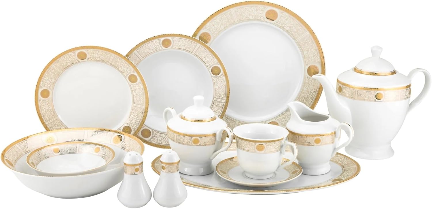 "Super White" Collection 57-Piece Porcelain Dinnerware Set GPJS186-57, Luxury Fine China Service for 8, Elegant Gift Boxed Plates Cups and Saucers, Dishwasher Safe White Tableware Set