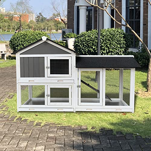 Purlove Pet Rabbit Hutch Wooden Bunny Cage Small Animals House for Outdoor/Indoor Use (Gray+White)