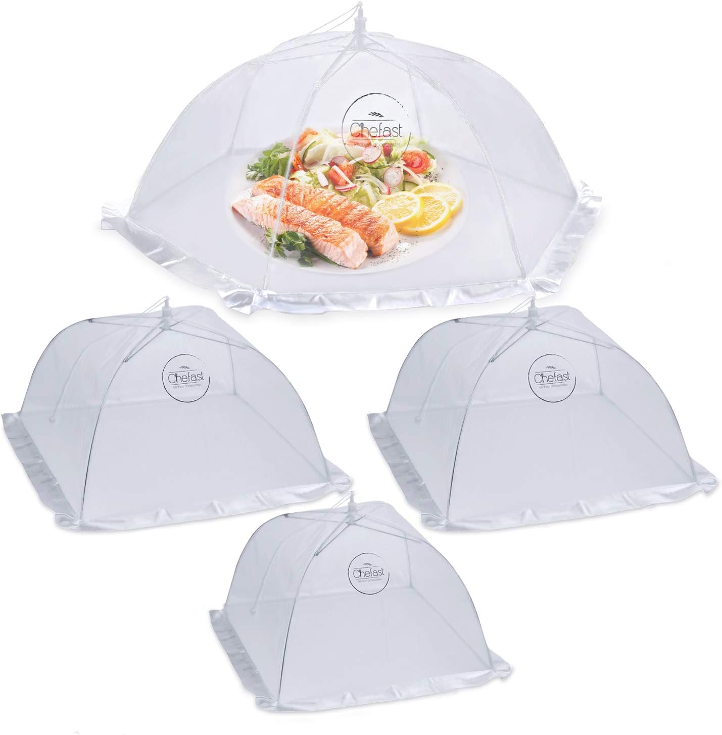 Chefast Food Cover Tent (4 Packs) - Pop Up Mesh Covers in 3 Sizes with Reusable Carry Bag - Protect Foods from Fruit Flies - Great for Picnics and Outdoor BBQ