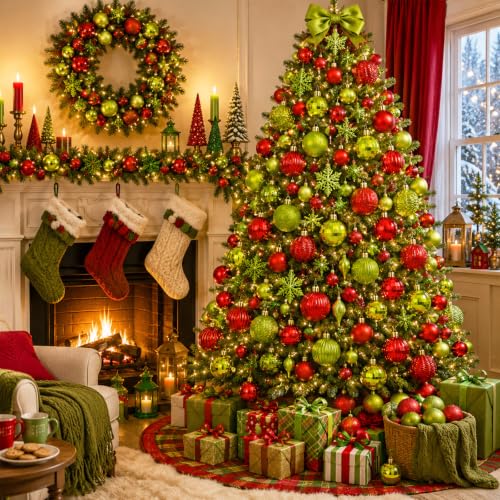 Image of Lunmon 64 Pcs Lime Green and Red Christmas Ball Ornament Green Xmas Bulbs