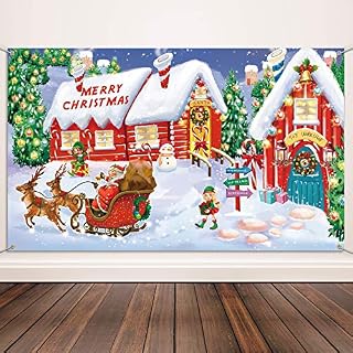 Christmas Decoration Supplies, Extra Large Fabric North Pole Wall Scene Setters for Christmas Decoration, Merry Christmas Banner Santa's Village Photo Booth Backdrop Background Banner