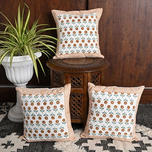 Image of Cotton Cushion Covers 16x16 Inch - Hand Block Floral Print Pillow Covers for Sofa, Couch & Bedroom Pack of 5, Yellow