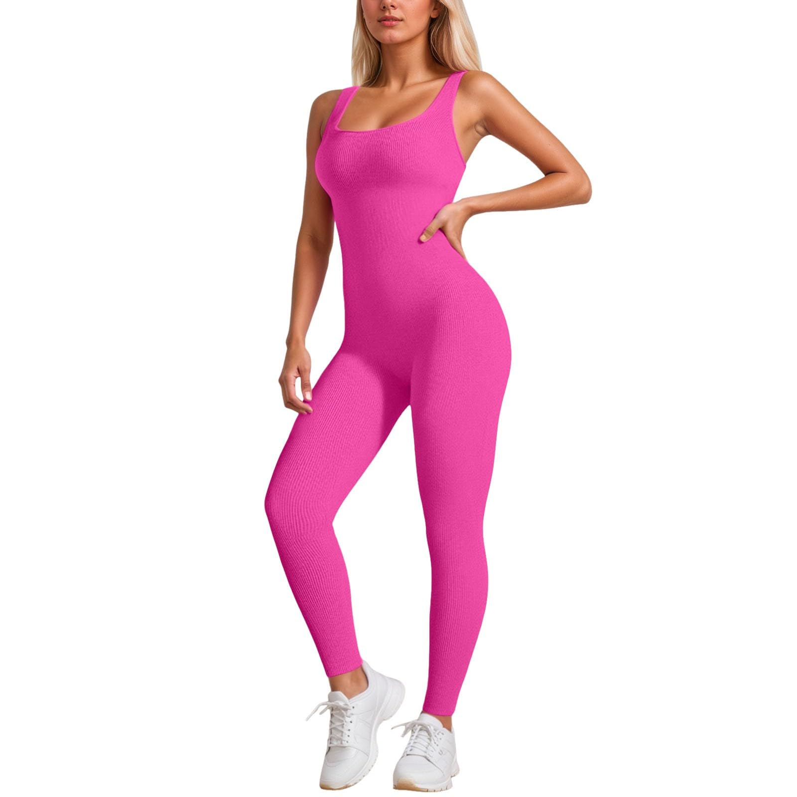 Foweknow Body Women's Stretchy Bodysuit Athletic One-Piece Fitness Bodycon for Gym Yoga Workout Playsuits Club Outfit Comfortable Romper Jumpsuit Shapewear Seamless Sleeveless Tank Romper, Hot Pink, S