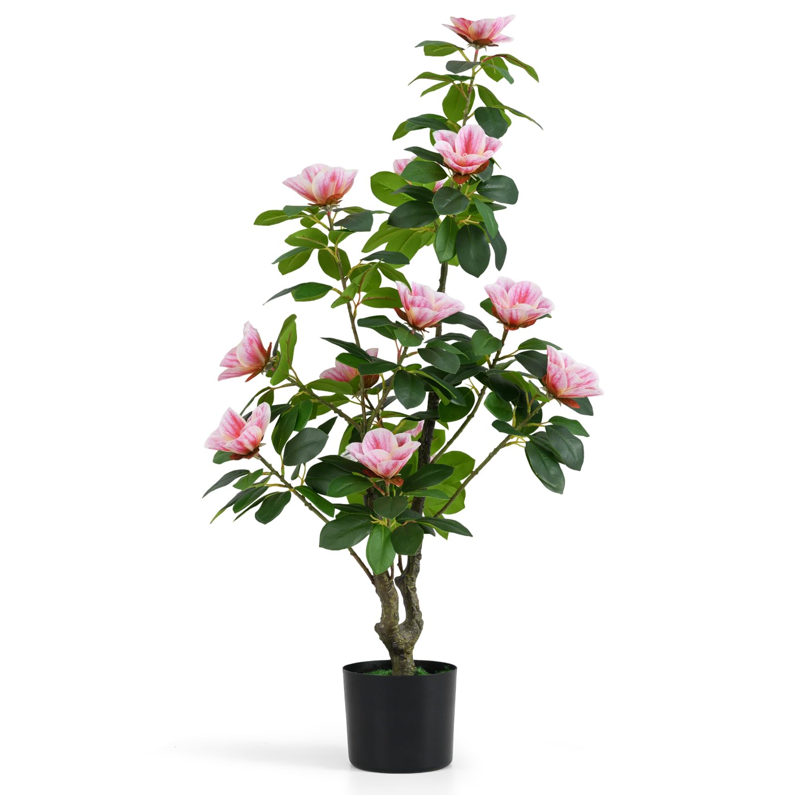 COSTWAY 90CM/100CM Artificial Flower Tree, Fake Blooming Flower Plant in Cement Pot with Realistic Leaves & Trunk, Indoor Faux Floral Potted Plant for Home Office Decor (1, 100cm, Pink Magnolia Tree)