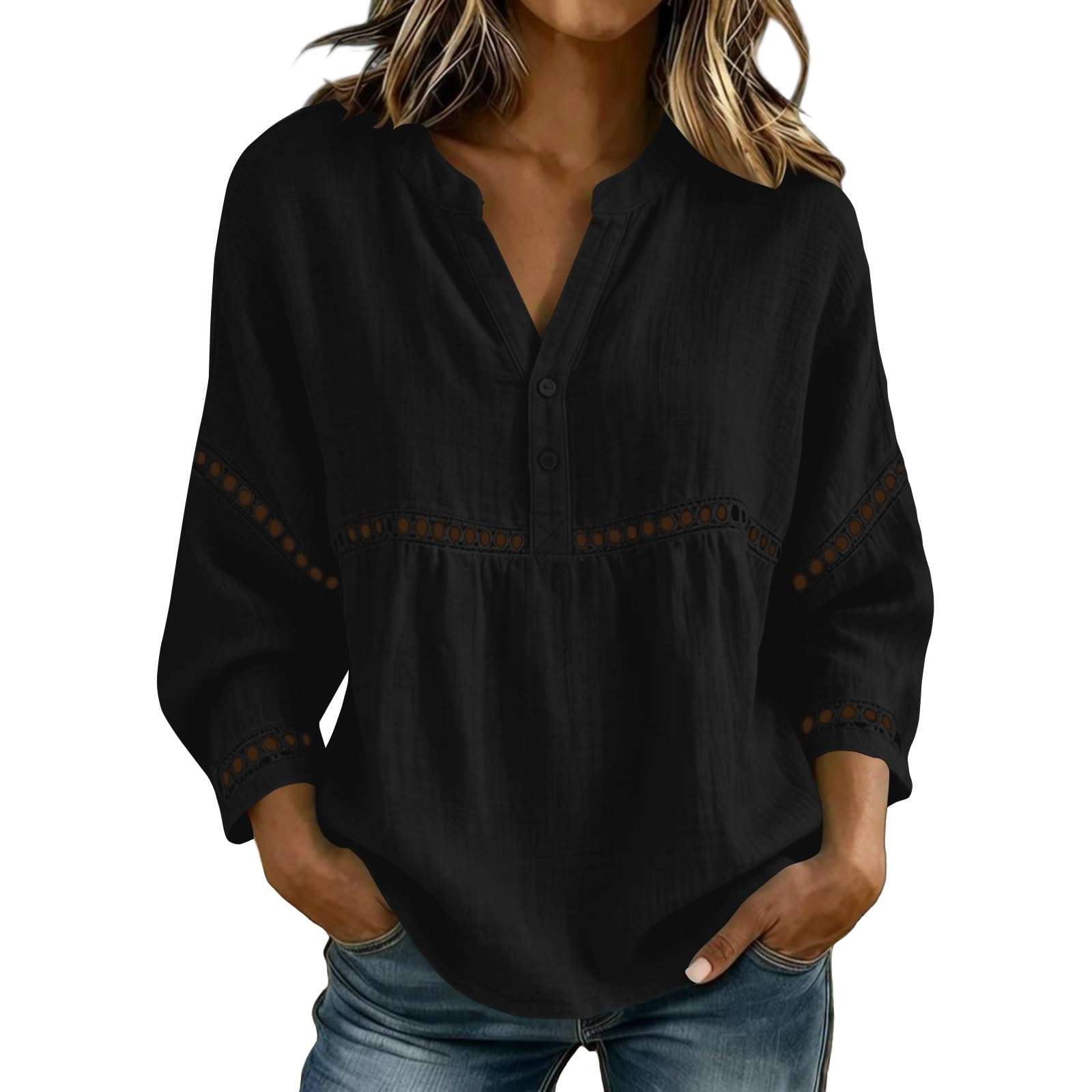 Notch Collar Hollow Lace Insert Cotton Linen 3/4 Sleeve Womens Blouse