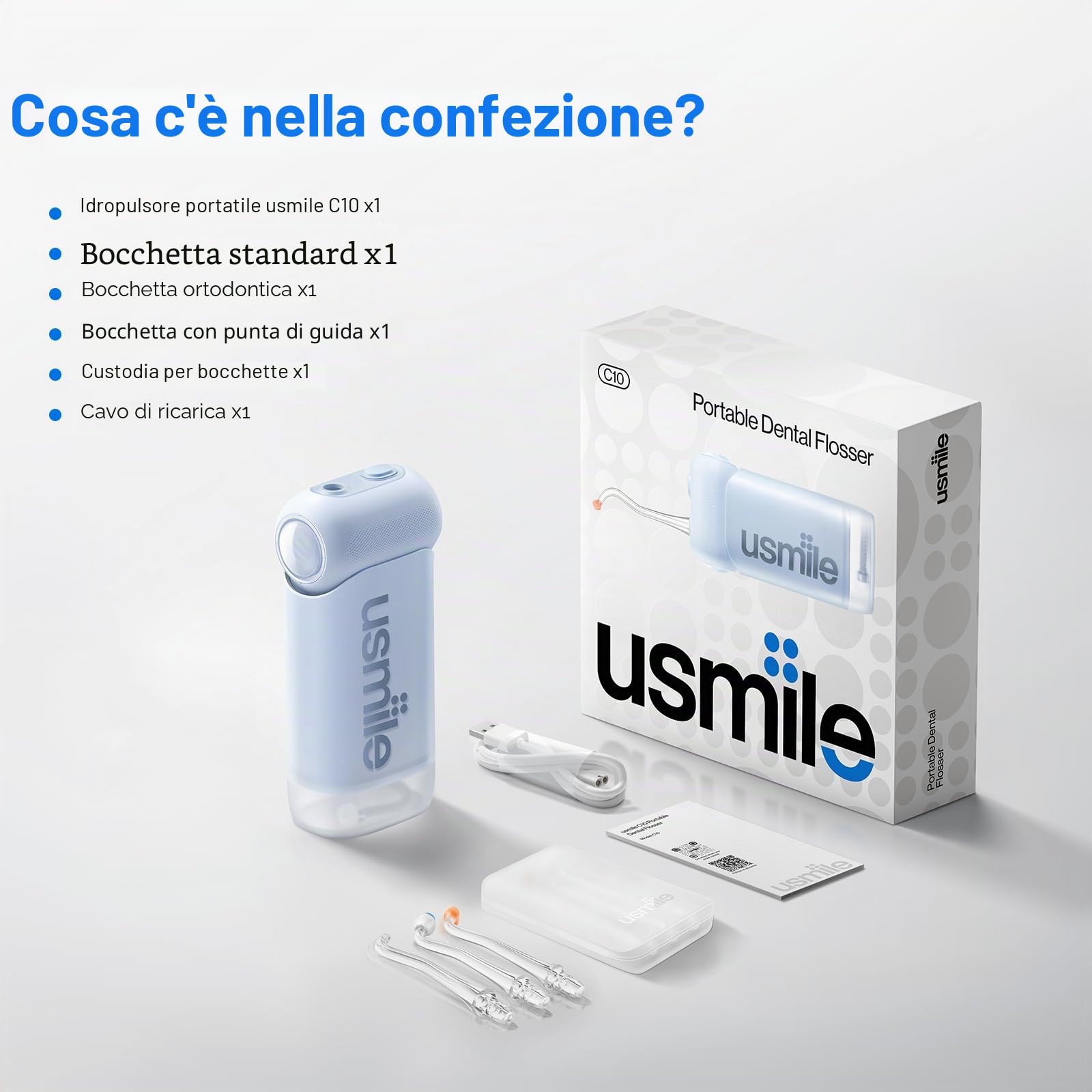 usmile C10 Idropulsore Dentale Portatile - 95 Giorni Durata Della Batteria, 4 Modalità Pulizia, Serbatoio da 180 ml, Impermeabile IPX7, Ideale per Viaggi, Parentesi Graffe, Impianti e Gengive