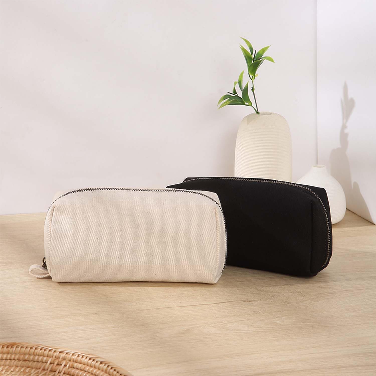 Pencil Case Cotton Canvas Pen Pouch Bag, Lightweight and Stylish Ideal for Organizing Stationery (Beige)