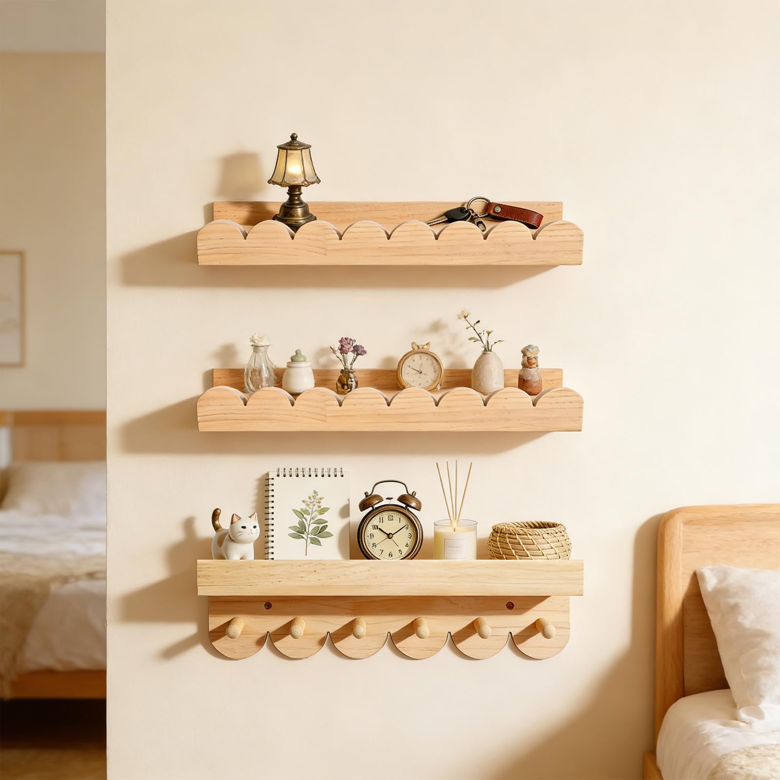 GBKDQQ Juego de 3 estanterías infantiles de pared, 40 cm, estantería de pared para habitación infantil con ganchos de madera, estantería flotante para libros y juguetes, estantería Montessori (color