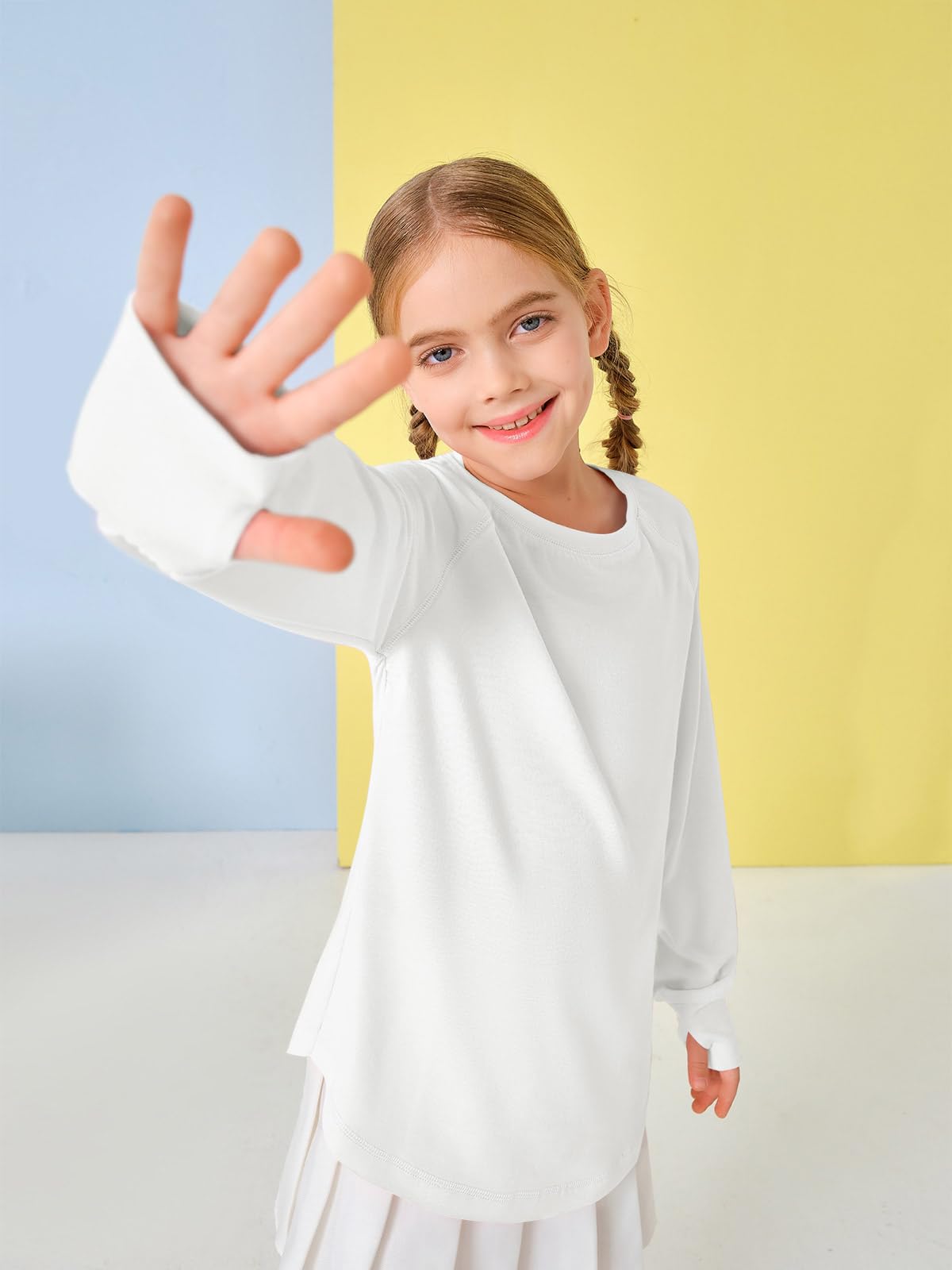 Camicie a maniche lunghe per bambine con fori per il pollice e orlo a girocollo, tunica larga 5-14 anni