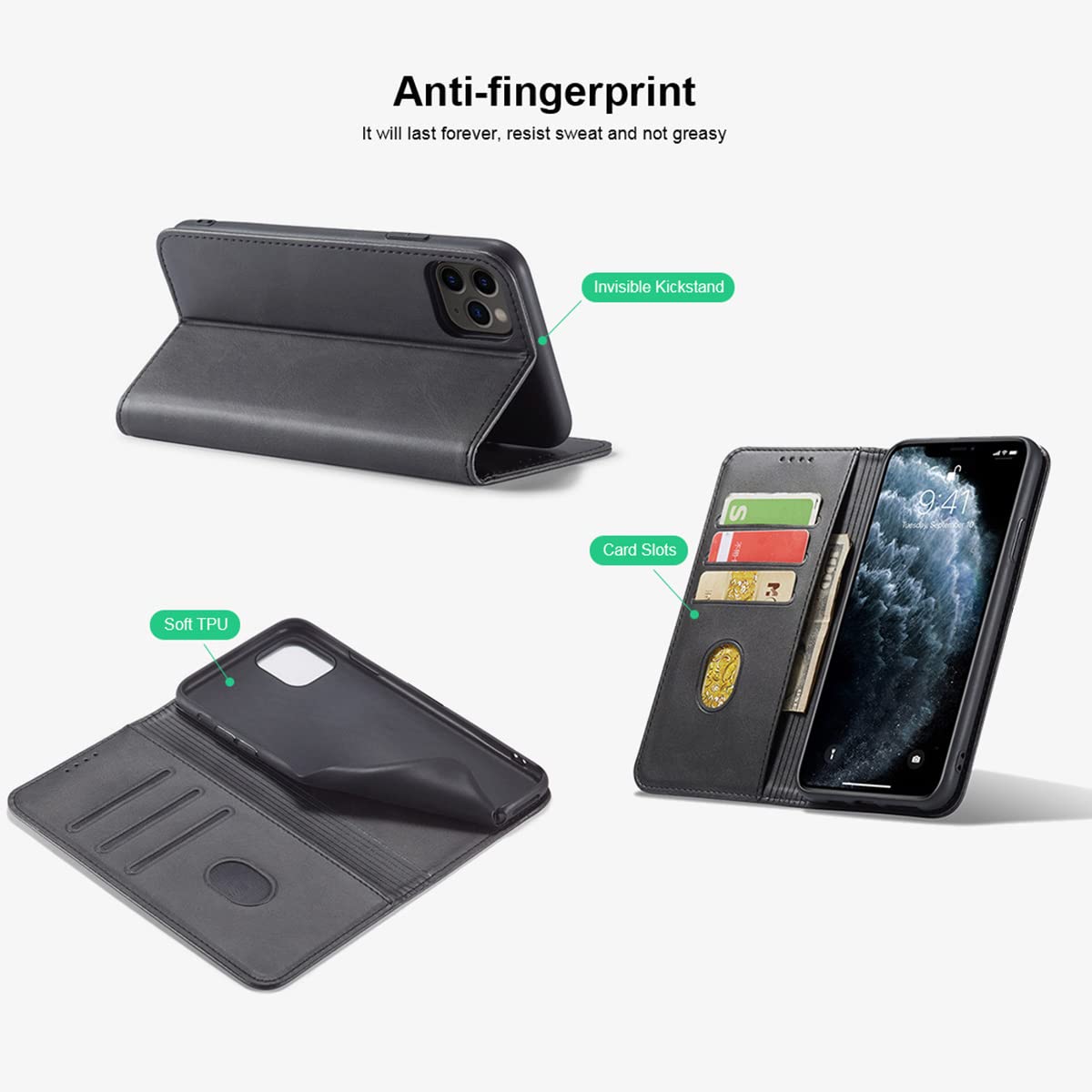 Styletify Personalized Photo Wallet Phone Case For IPhone 13 Pro ,Custom Multi-Picture Folio Flip Case PU Leather Customized Case With Card Slots And Kickstand Shockproof Cover Black 3 Heart