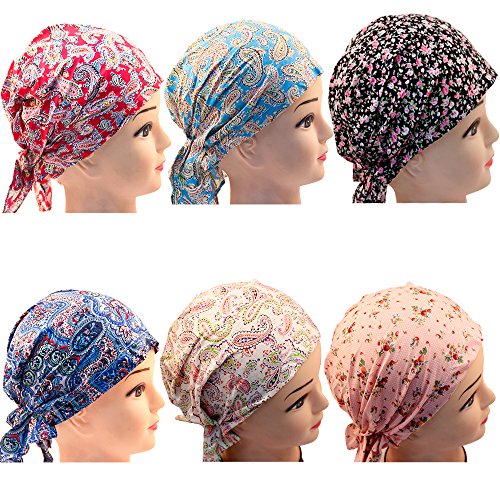 Kaide 6 Assorted Designs Skull Hat Caps Paisley Bandanna Headwrap Biker Skull Headbands.