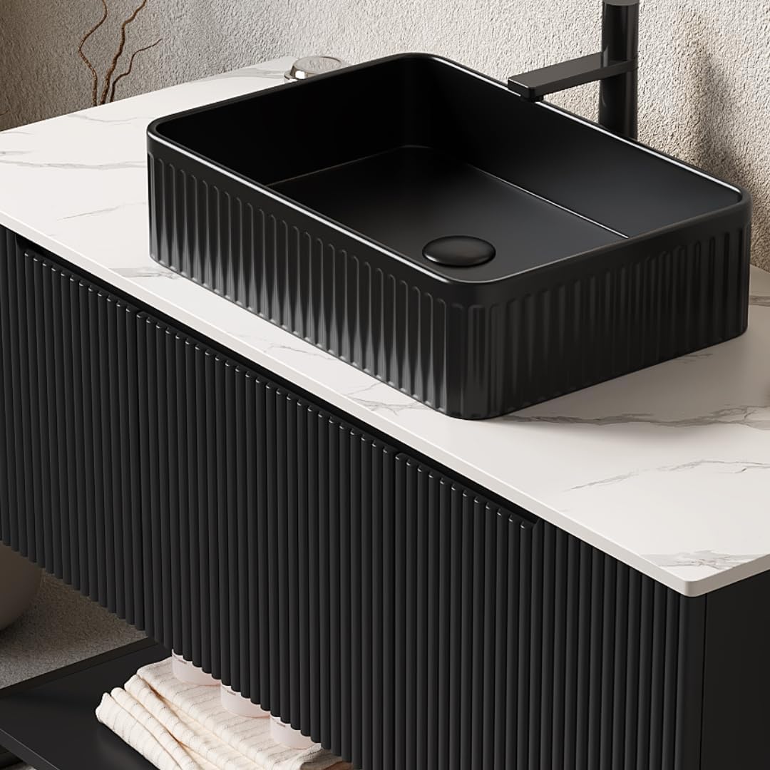 LKTART 48" Black Bathroom Vanity with Sink, Freestanding Modern Bathroom Vanity with 3 Doors and Open Shelf, Black Rectangular Ceramic Basin and White Sintered Stone Counter Top