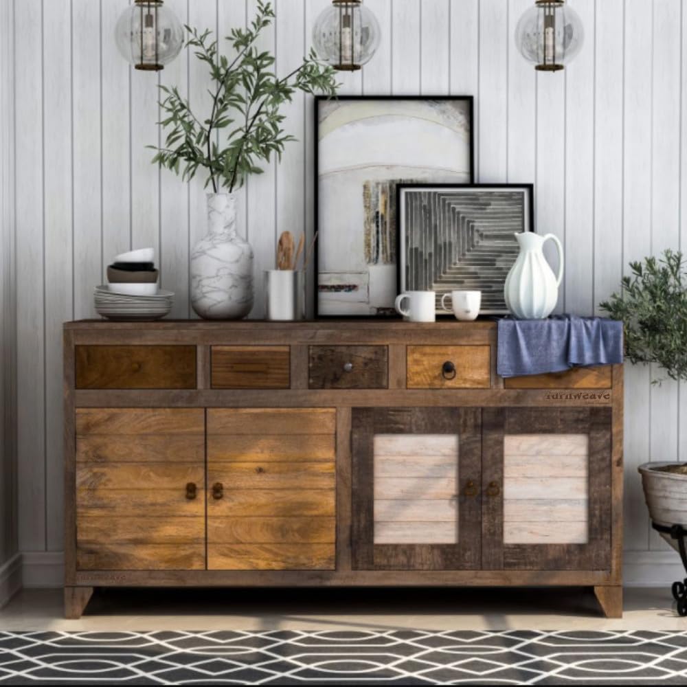Elegant Solid Wood Sideboard Cabinet with Ample Storage | Big Size Crockery Cabinet for Living Room | Antique Furniture for Home (Walnut)-image-25