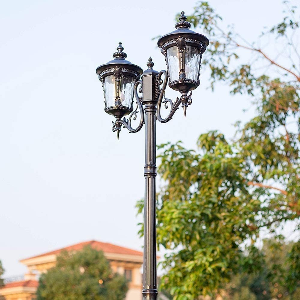 Moderne Außenstehleuchte mit 2 Köpfen aus Aluminium, Laterne aus Glas, wasserdicht IP65, auf europäischem Pfosten, Landschaftsbeleuchtung, traditioneller Stil im Victoria-Stil, für Veranda/Dunkel/180