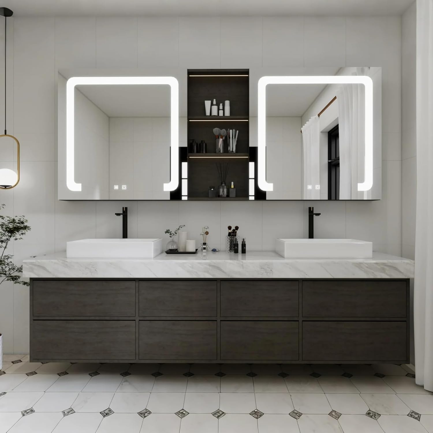 Double Bathroom Vanity with Sink - One Touch Lighting & Fog Free | Modern Bathroom Cabinets Wall Mounted has Heat Resistant Countertop, 8 Drawers (Style B, 56'')