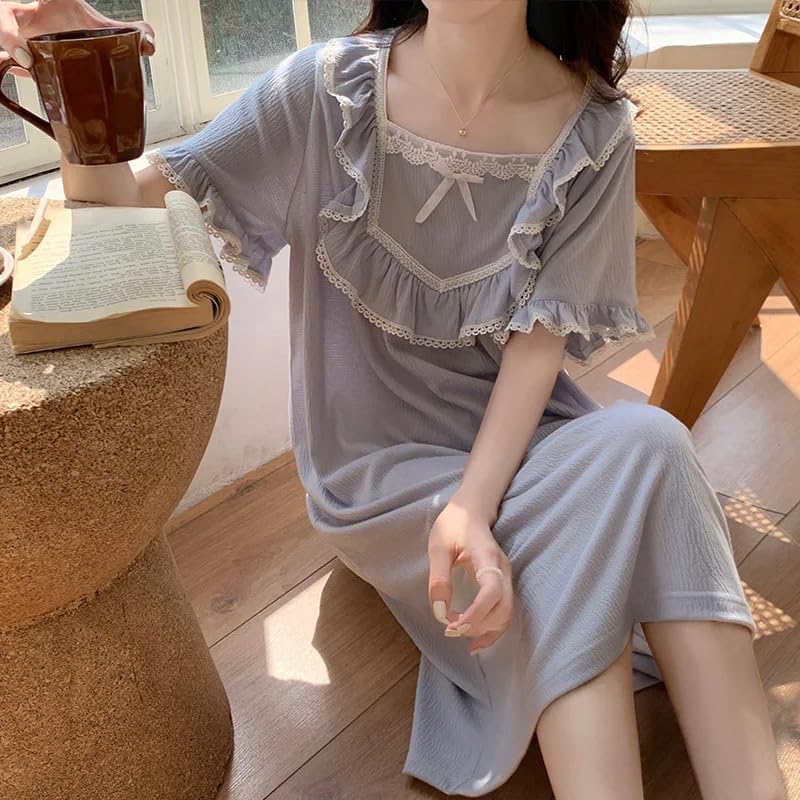 OFFSUM Camisón De Pijama De Mujer - Dulce Verano Encaje Bordado Princesa Ropa De Dormir Estilo Francés Temperamento Albornoz Cuello Cuadrado Color Sólido Ropa De Casa