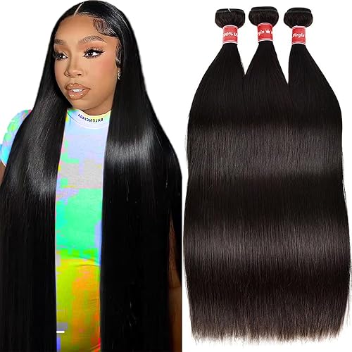 Human Hair Bundles Straight Bundles Human Hair 26 28 30 Inch Straight Human Hair Weave 3 Bundles Silky Hair Bundles 12A 100% Unprocessed Brazilian Virgin Human Hair Bundles Deals Natural Black Bundles