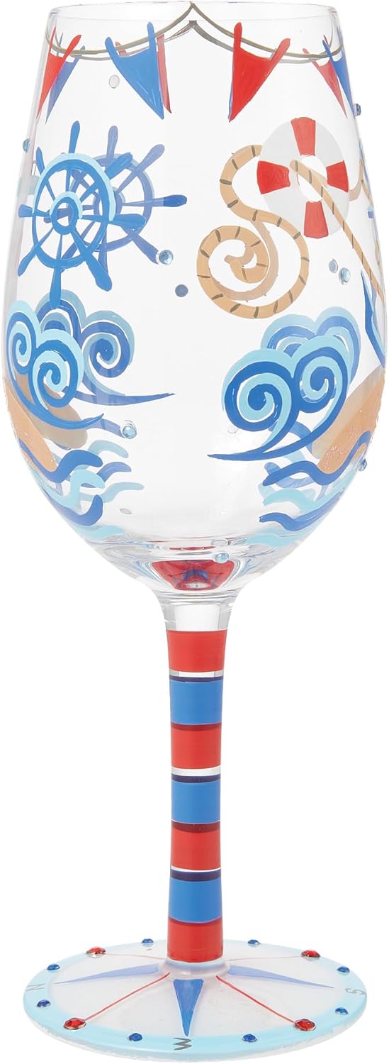Enesco Lolita Designs Nautical Light House Hand-Painted Artisan Wine Glass, 15 Ounce, Multicolor