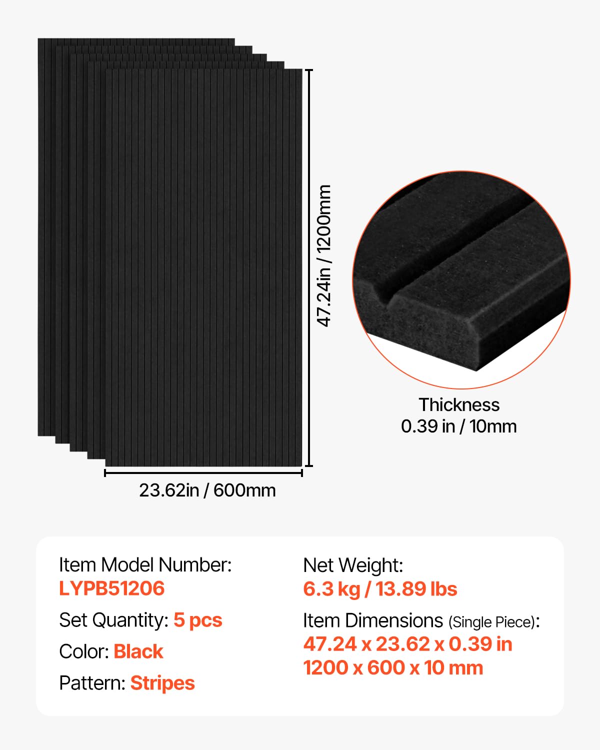 VEVOR Panneau Acoustique, Lot de 5, Mousse Acoustique Mural Autocollant 120 x 60 x 1 cm Panneaux Insonorisants Fibre de Polyester Haute Densité, Isolation Phonique pour Maison, Studio, Bureau, Noir