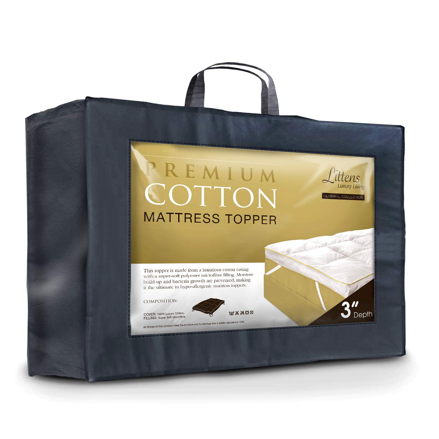 Littens Luxury Ultimate Cotton Hotel Quality Microfibre Mattress Topper 280TC Cotton Casing Natural 3" Deep (4ft6 Double Bed Size 138cm x 190cm)