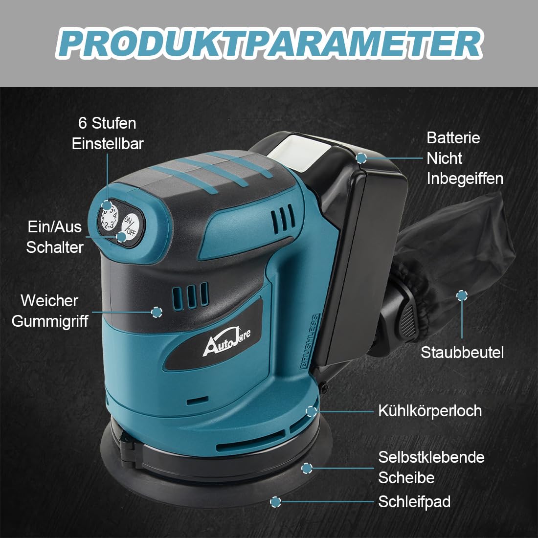 Bürstenloser Exzenterschleifer Kompatibel mit Makita 18V Batterie 6 Leistungsstufe Exenterschleifmaschine 125MM Schwingschleifer zum Schleifen, Polieren, Oberflächen glätten (ohne Akku)