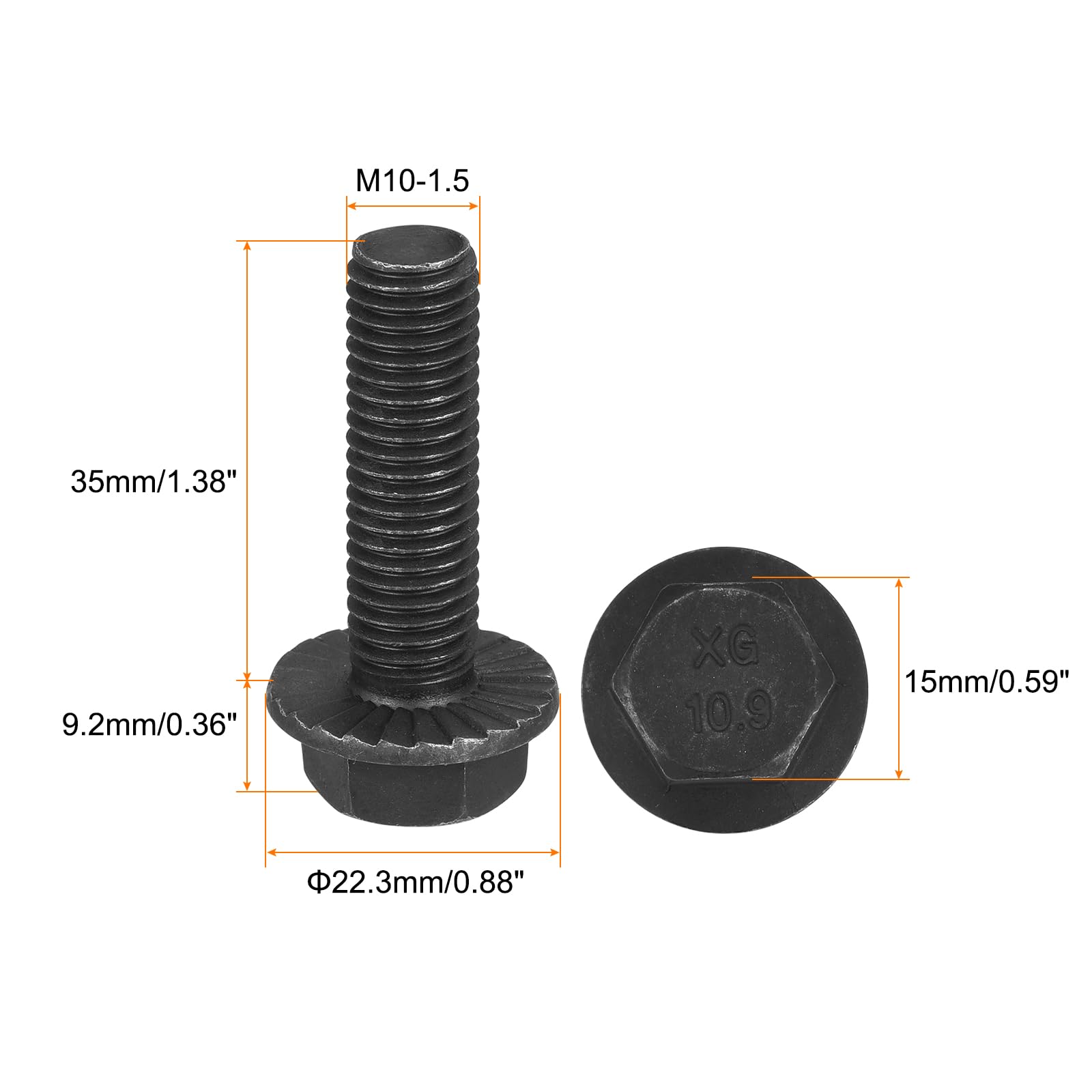 sourcing map M10x35mm Hexagonal Dentados Brida Pernos 10.9 Grado Carbono Acero Tornillos 5uds