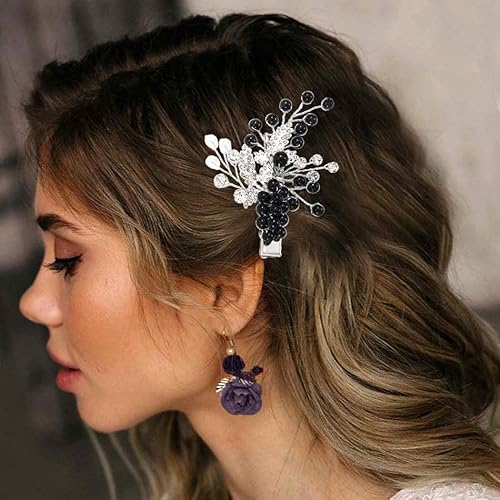 Miniatura 2 de Casdre Pinzas para el pelo de novia de cristal plateado, accesorios para el cabello de boda, pieza de pelo de hoja para mujeres y niñas (C negro)