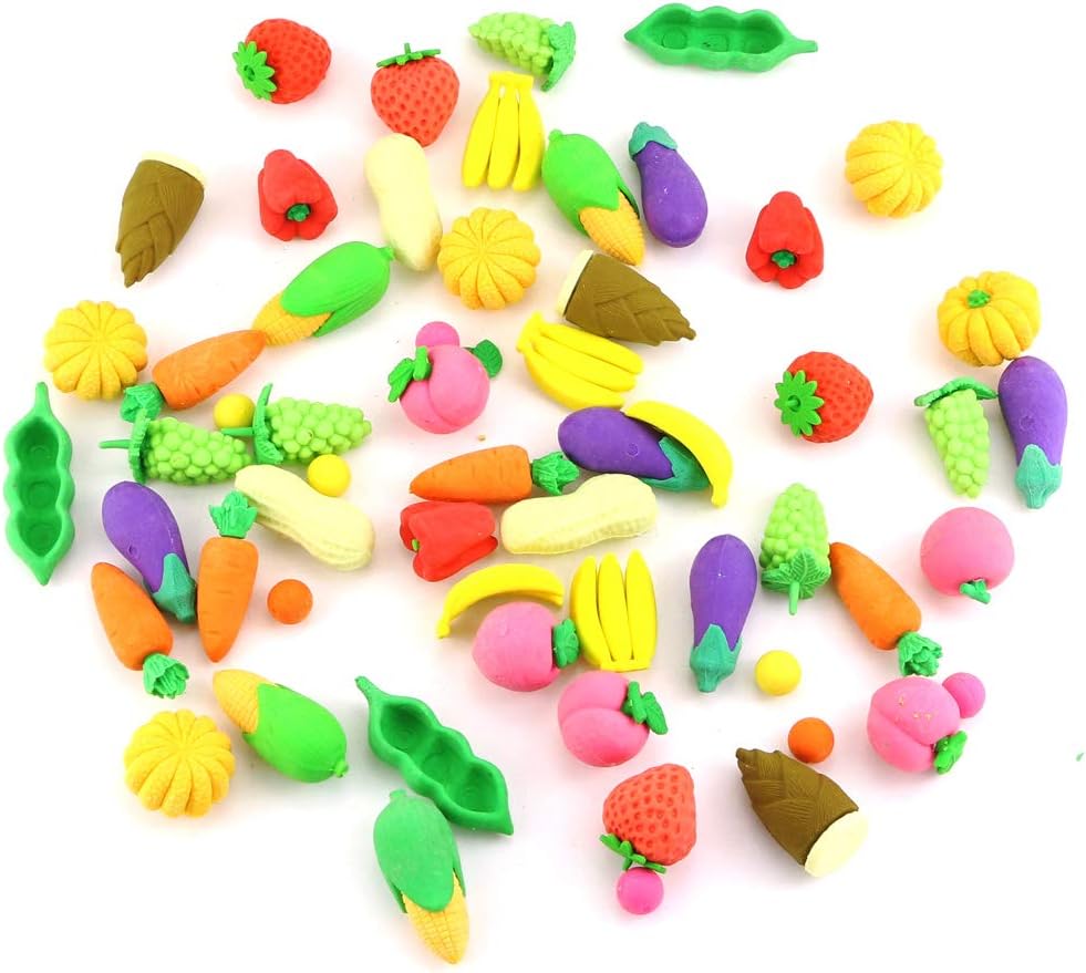 DLOnline 60Pcs Fruit Pencil Erasers Bulk, Assorted Food Puzzle Erasers, Vegetables Erasers, Mini Vegetable Pencil Erasers for Party Favors, Class Rewards