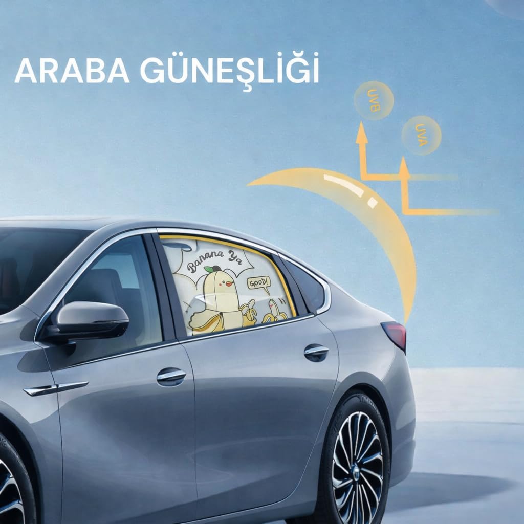 Premium LÜX Ön Cam Yan Cam Perdesi, Araba Ön Cam Perdesi, Otomobil Yan Cam Güneşliği,Oto Güneşlik Perde 2 Adet Sarı Beyaz Bananalı Oto Yan Cam Perdesi