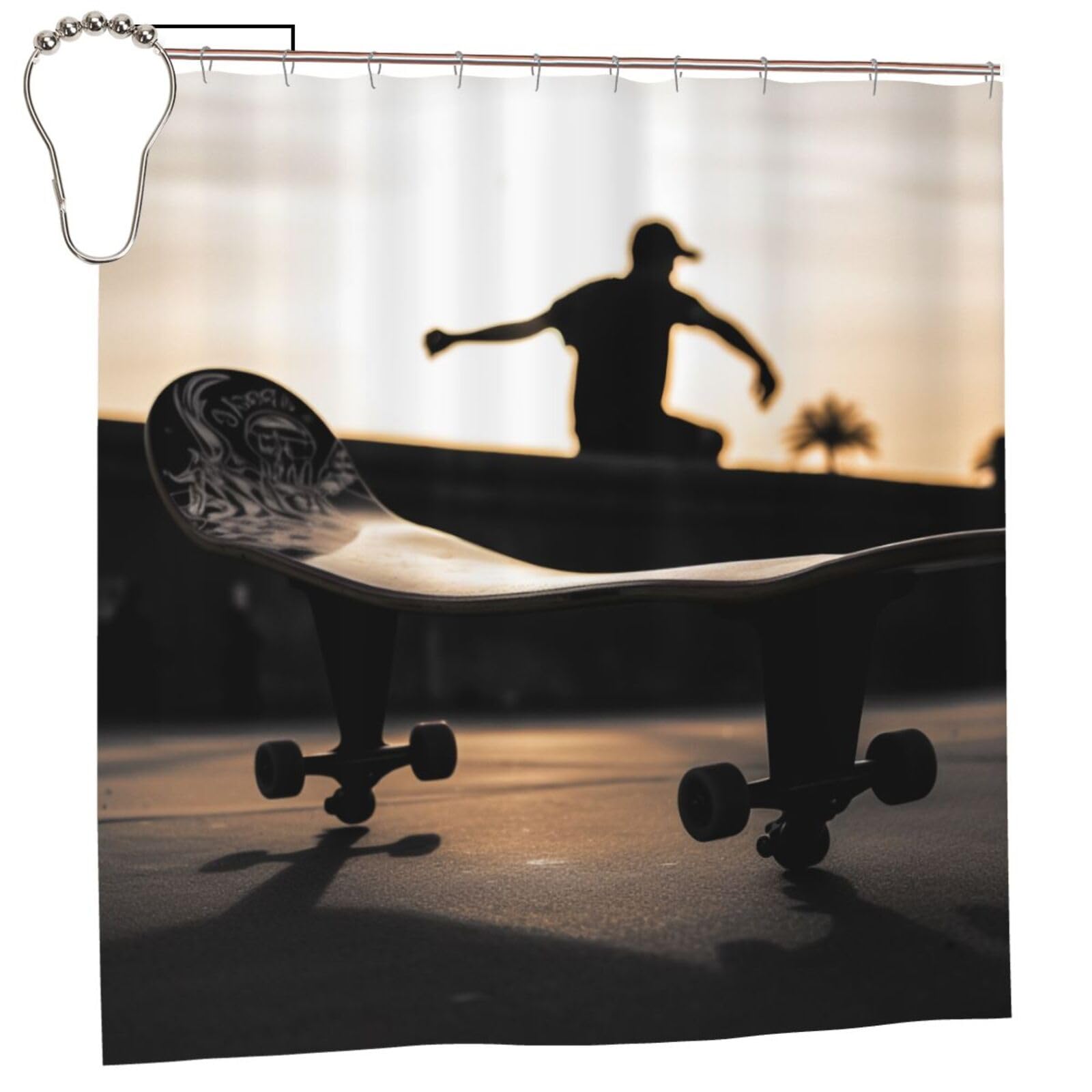 BWWHCCTI Skateboard print Printed Shower Curtain With 12 Iron Hooks Opaque Quick Drying Waterproof Shower Curtains Sets For Bathroom 183x183 CM