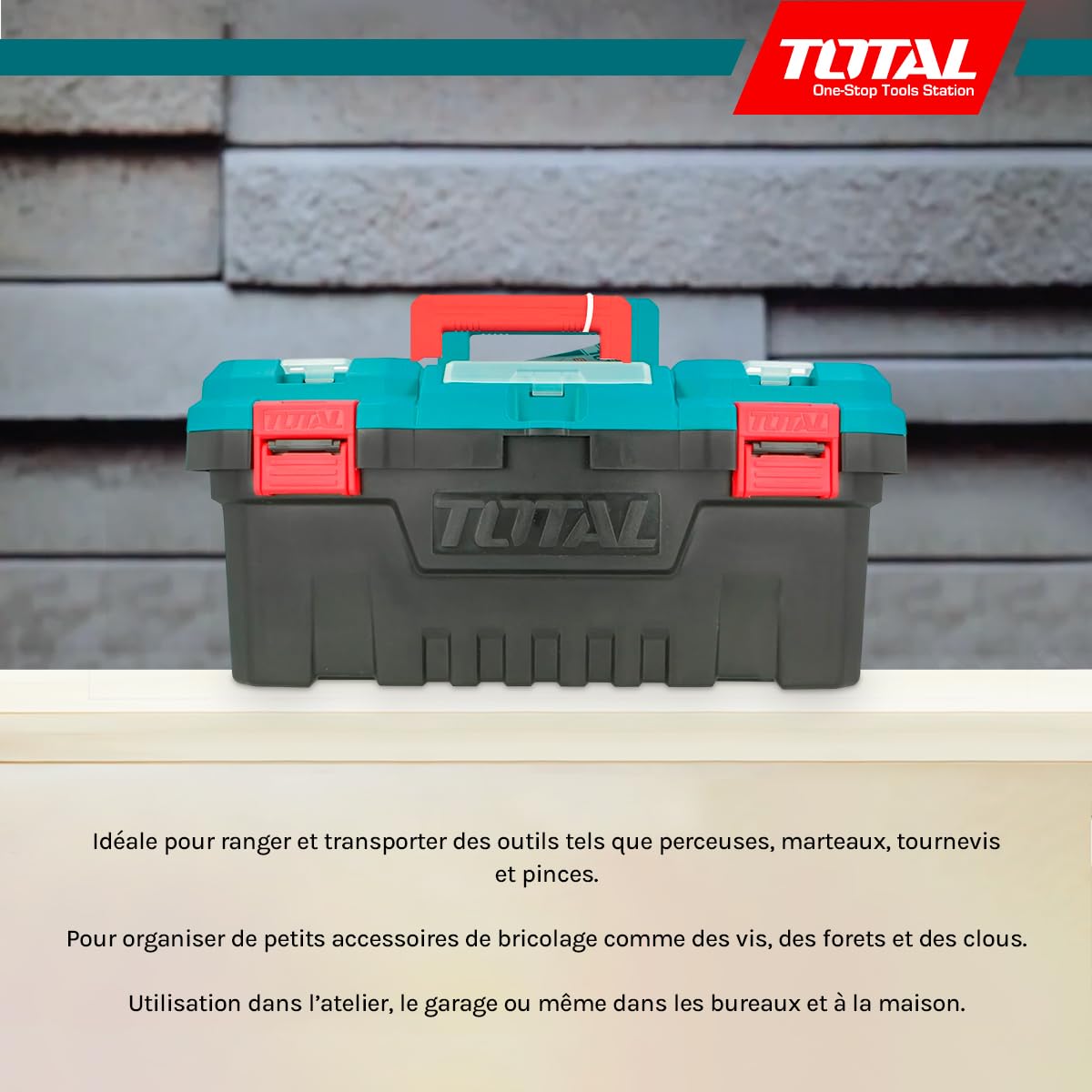 TOTAL - Organisateur d’Outils 20 kg - Boîte en Plastique avec Plateau Amovible et Couvercle Supérieur - 3 Zones de Rangement et Fonction Échelle - Dimensions 508x296x261 mm