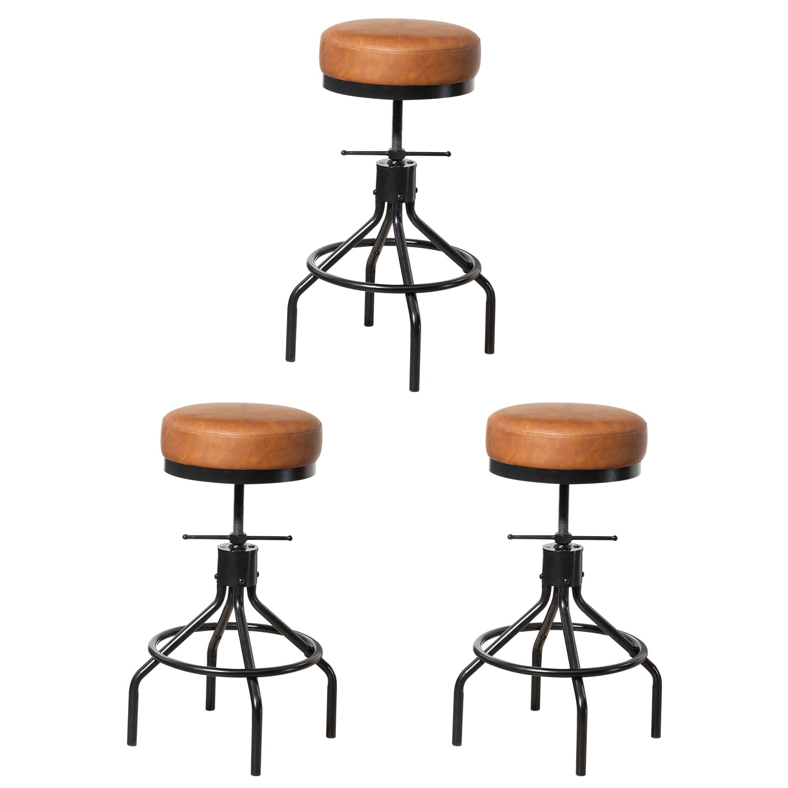 Taburetes de bar industriales de metal, juego de taburetes de bar giratorios ajustables, modernos de piel sintética de 28 pulgadas, redondo, sin espalda, altura de mostrador, silla de bar