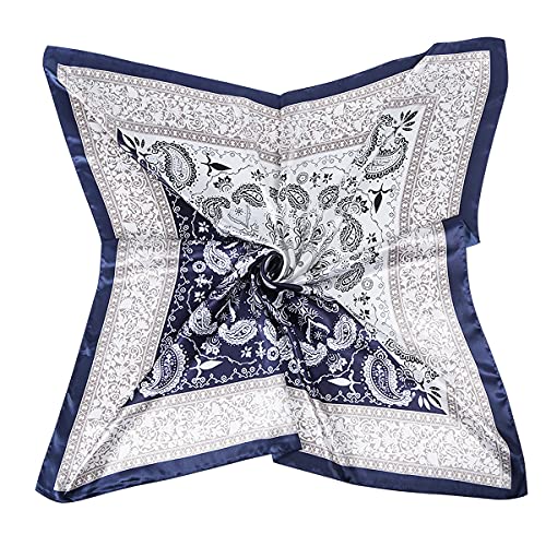 DAMILY Bandana 90x90 Femme Foulard Carré De Soie Écharpe Bandeau Vintage Sac à Main Chic Paisley Écharpe De Cheveux Bleu Marine