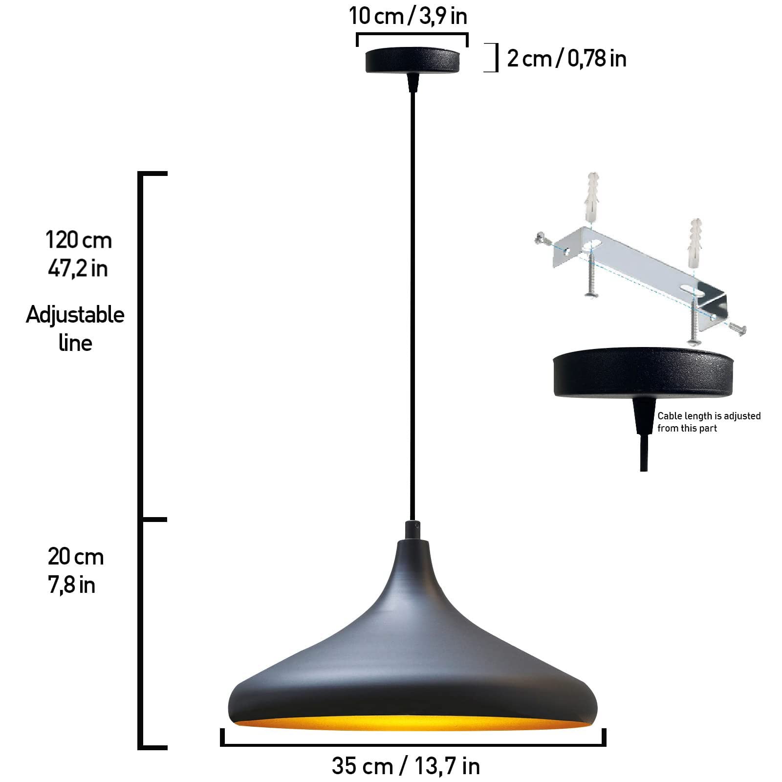 bamyum Champion Suspension Luminaire Vintage, Lustre Salon de 35 cm, Lustre Cuisine en Métal, Lampe E27 Vintage pour Chambre, Suspension Luminaire Cuisine, Suspension de Salle à Manger, Couloir, Noir