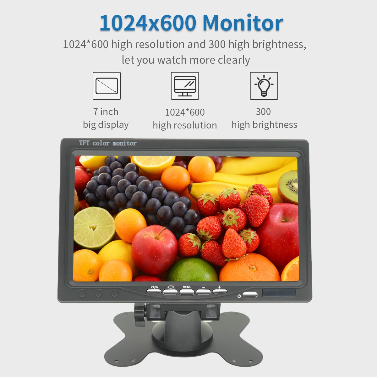 Qcvoruno 7 inch Security Monitor & Displays, HD/AV/VGA Input, 1024 * 600 Resolution, Built-in Speakers Portable LCD Monitor, Suitable for Game DSLR CCTV PC DVD TV BOX