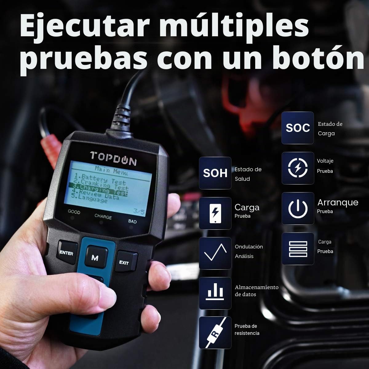 TOPDON BT100 Comprobador de Baterias de Coche 12V, 100-2000 CCA Probador de Batería Auto para Arranque y Sistema de Carga, Analizador de Batería Digital para Coche, Camión, Moto, ATV, SUV, Barco,Yate