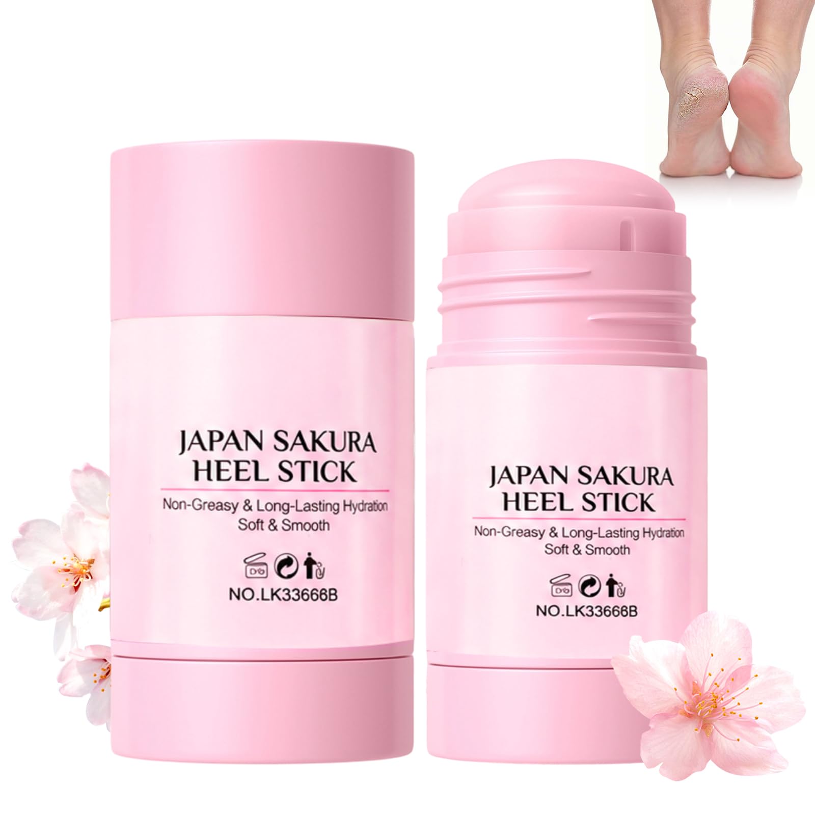 2PCS Japan Sakura Foot Heel Stick, Moisturizing Foot Balm with Shea Butter Vitamin E Aloe Vera, Hydrate Soften Dry Cracked Feet Heels, Multi‑Use for Hands Elbows Knees, Sakura Scent 1.4 Oz
