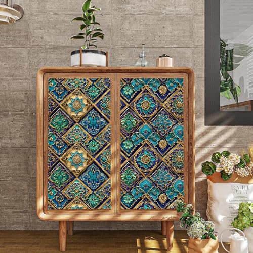 Image of Spring Summer Moroccan Tile Wall Decals, Blue Gold Mosaic Peel and Stick Wallpaper for Home Refresh, Boho Mural for Spring Cleaning Decor, Mother's Day, 39.37x15.75 Inch