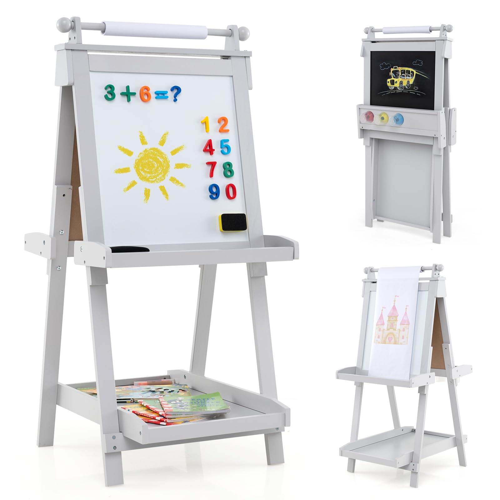 COSTWAY Tablica dla dzieci, składana sztaluga z regulacją wysokości z białą tablicą i tablicą magnetyczną, dwustronna tablica dziecięca z rolką papierową i 3 miseczkami do malowania, składana tablica