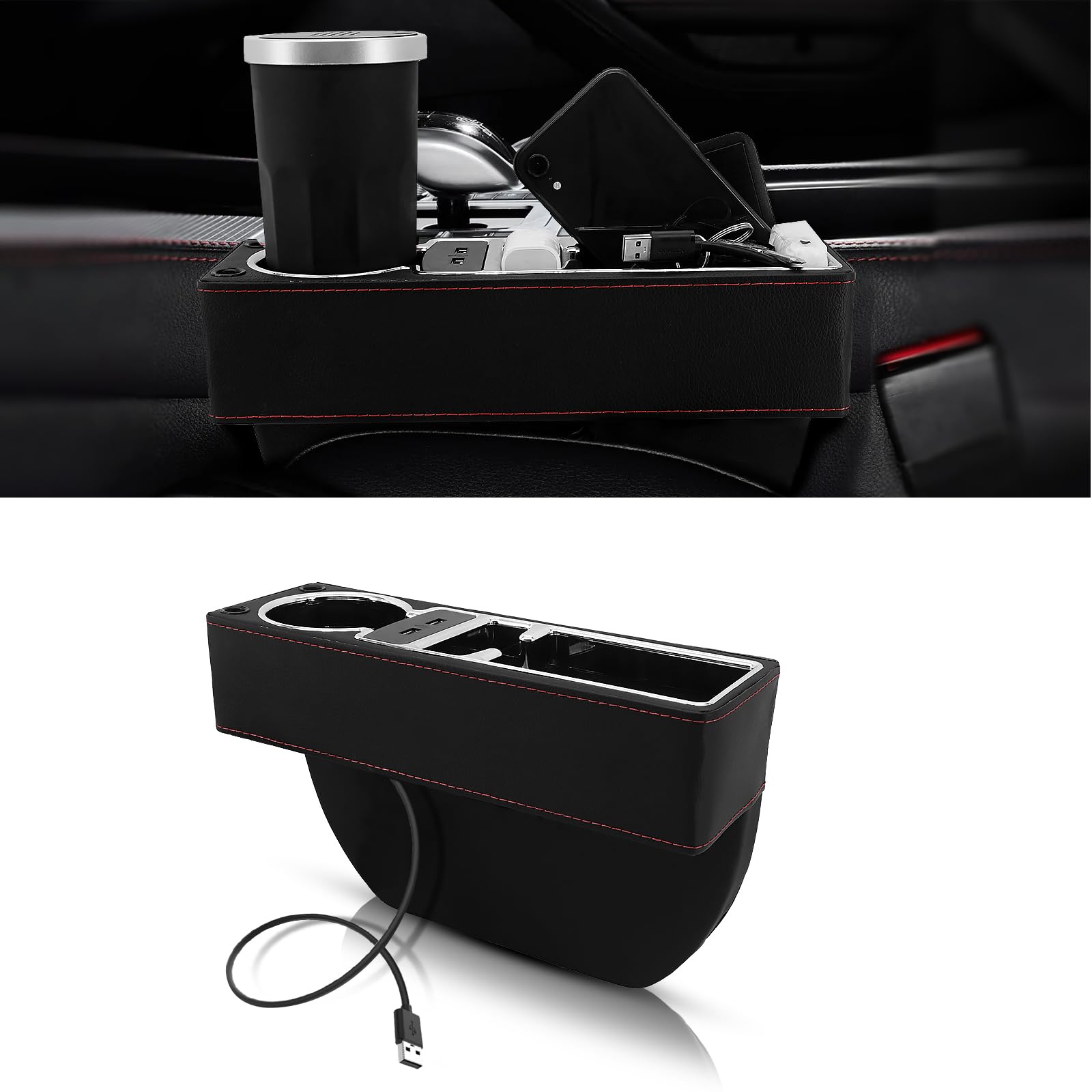 Uisky AACar Seat Gap Filler Organizer,Multifunctional Storage Box,Cup Holder,Pen Hole,Front Seat Car Accessories 2023 Update for CellPhone Wallet Glasses Coin Key（Black）