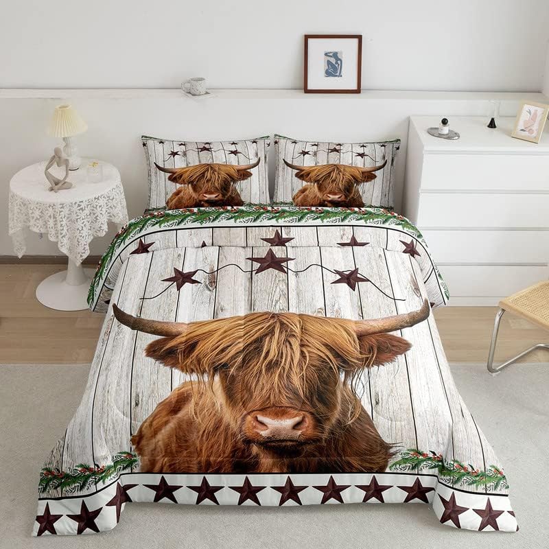 Texas Star HighlCow Comforter Set Grey Bull Cattle Comforter for Kids Boys Girls HighlCattle Bedding Set Wooden Plank Farmhouse Animal Duvet Set Room Decor Quilt King Size Boys Multi 03 King