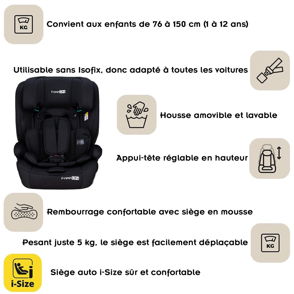 URAN Siège auto réglable i-Size 76-150 cm jusqu'à 36 kg 1 à 12 ans Noir